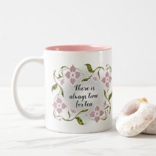 Elegant Feminine Tea Time Pink Flowers and Vines Two-Tone Coffee Mug