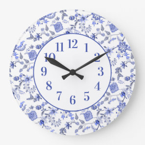 Elegant Feminine Vintage Dusty Blue Floral  Large Clock