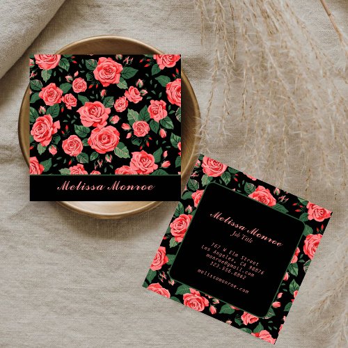 Elegant Feminine Vintage Roses Black Botanical Square Business Card