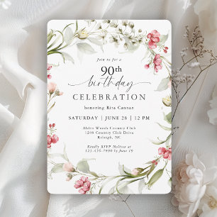 Elegant Feminine Watercolor Floral 90th Birthday Invitation