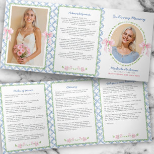Elegant Feminine Watercolor Pink Bow Photo Funeral Tri-Fold Program