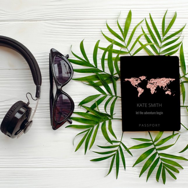Elegant Feminine World Map Rose Black Name Passport Holder (Creator Uploaded)