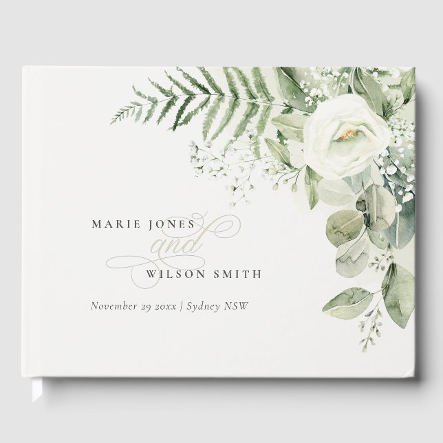 Elegant Fern Eucalyptus Greenery Foliage Wedding Guest Book (Front)