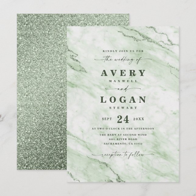 Elegant Fern Green Marble & Glitter Wedding Invitation (Front/Back)