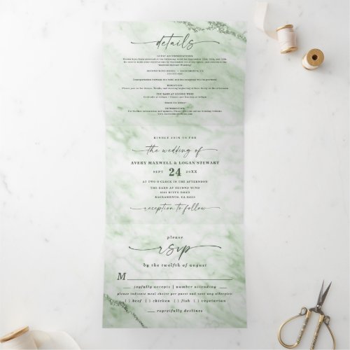 Elegant Fern Green Marble with Foil Wedding Tri_Fold Invitation