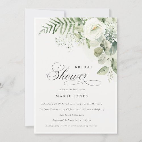 Elegant Fern Greenery White Floral Bridal Shower Invitation