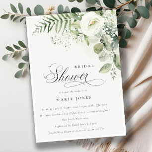 Elegant Fern Greenery White Floral Bridal Shower Invitation