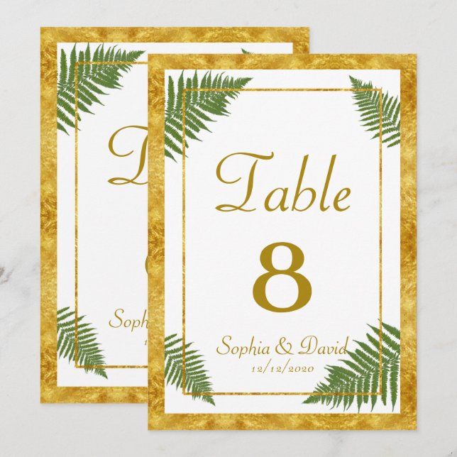Elegant Fern Leaves Gold Foil Wedding TABLE NUMBER (Front/Back)