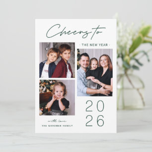 Elegant Festive 3 Photo Cheers to New Year 2026 Holiday Card