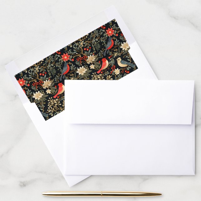 Elegant Festive Birds & Floral Christmas Red  Envelope Liner (Desk)
