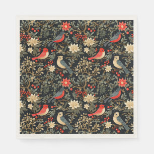 Elegant Festive Birds & Floral Christmas Red  Napkins