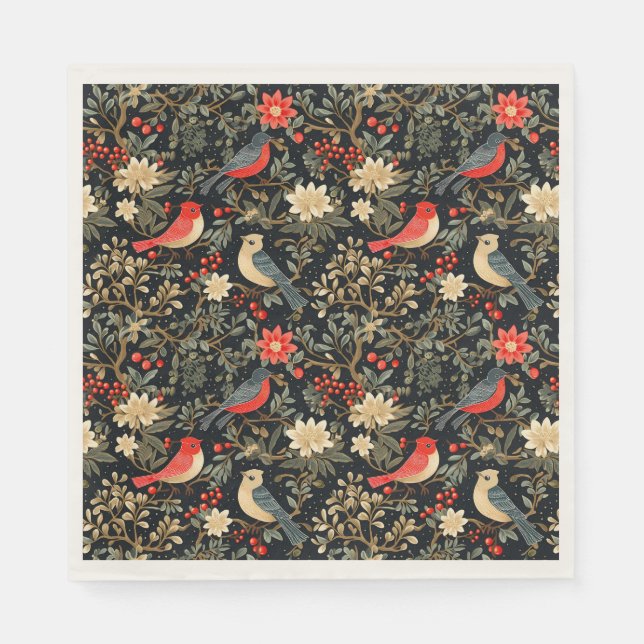 Elegant Festive Birds & Floral Christmas Red  Napkins (Front)