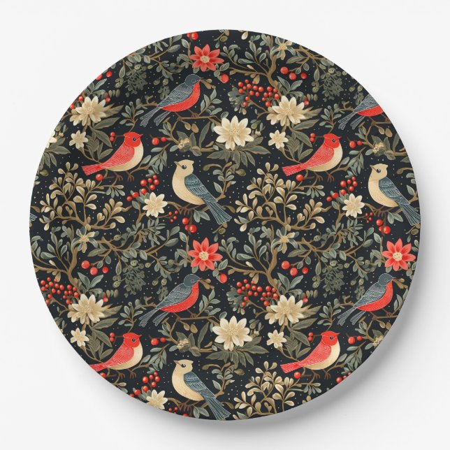 Elegant Festive Birds & Floral Christmas Red  Paper Plates (Front)
