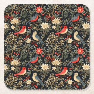 Elegant Festive Birds & Floral Christmas Red Square Paper Coaster