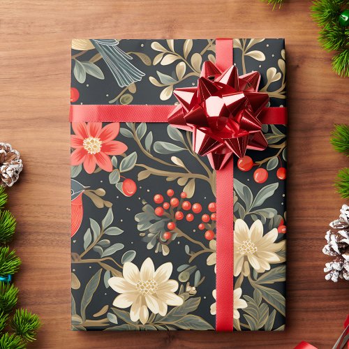 Elegant Festive Birds  Floral Christmas  Wrapping Paper