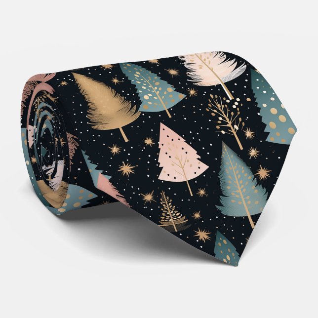 Elegant Festive Black Christmas Tree Pattern Neck Tie (Rolled)