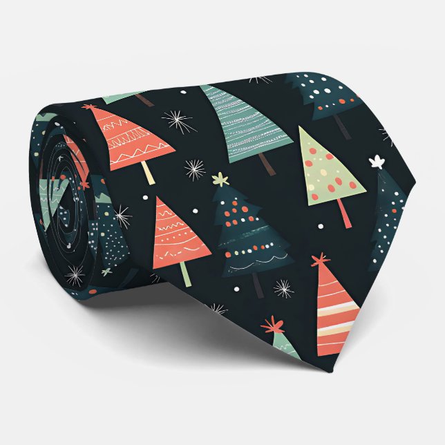 Elegant Festive Black Christmas Tree Pattern Neck Tie (Rolled)