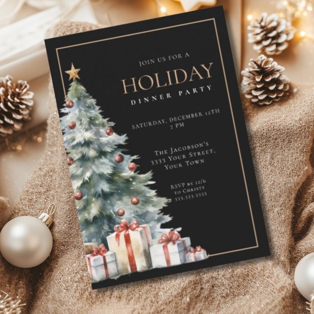 Elegant Festive Black Gold Holiday Dinner Party Invitation (Creator Uploaded)
