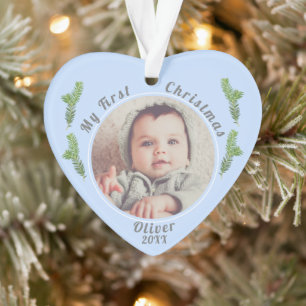 Elegant Festive Blue Baby`s First Christmas Photo Ornament