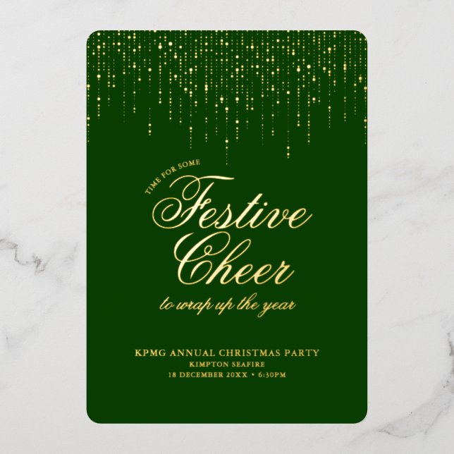 Elegant Festive Cheer Green Holiday Party Foil Invitation (Front)