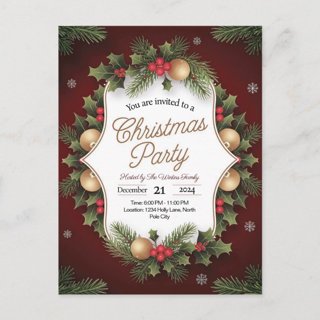 Elegant Festive Christmas Party Invitation Postcard (Front)