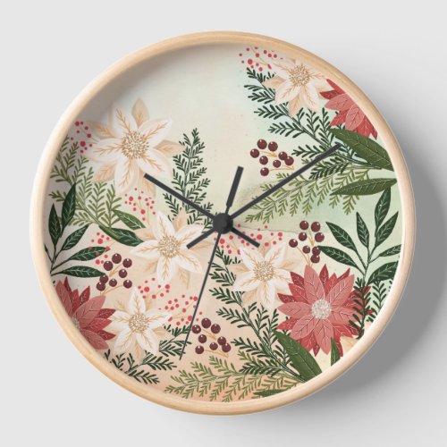 Elegant Festive Christmas Poinsettia Holiday Clock