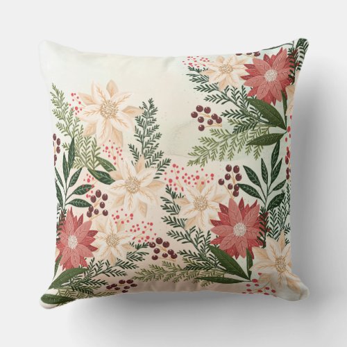 Elegant Festive Christmas Poinsettia Holiday Throw Pillow