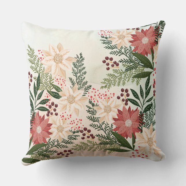 Elegant Festive Christmas Poinsettia Holiday Throw Pillow (Back)
