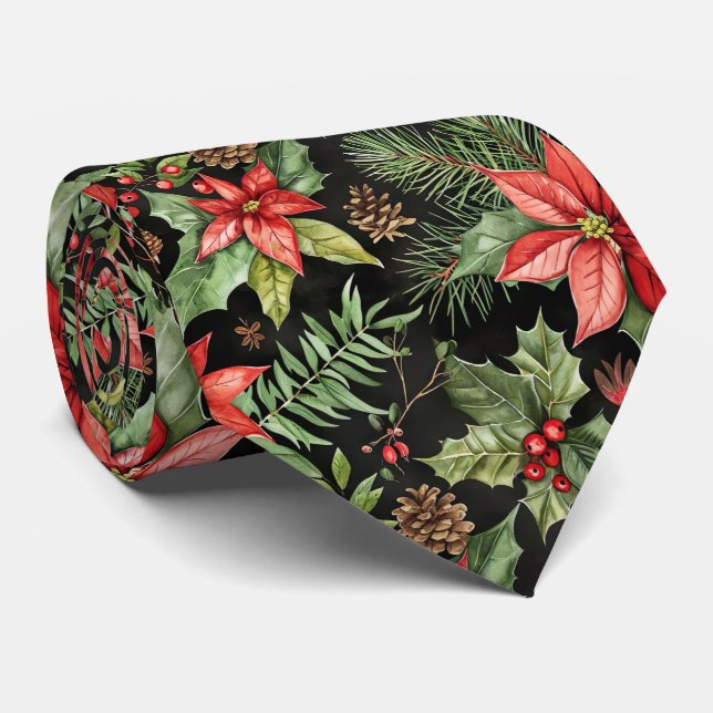 Elegant Festive Christmas poinsettia Pattern Neck Tie (Rolled)
