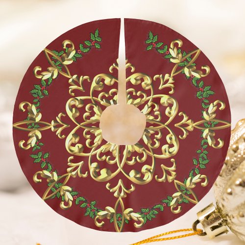Elegant Festive Christmas Red Gold Brushed Polyester Tree Skirt
