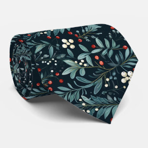 Elegant Festive Dark Green Christmas Leave Pattern Neck Tie