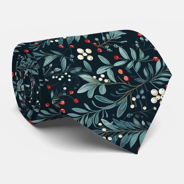 Elegant Festive Dark Green Christmas Leave Pattern Neck Tie (Rolled)