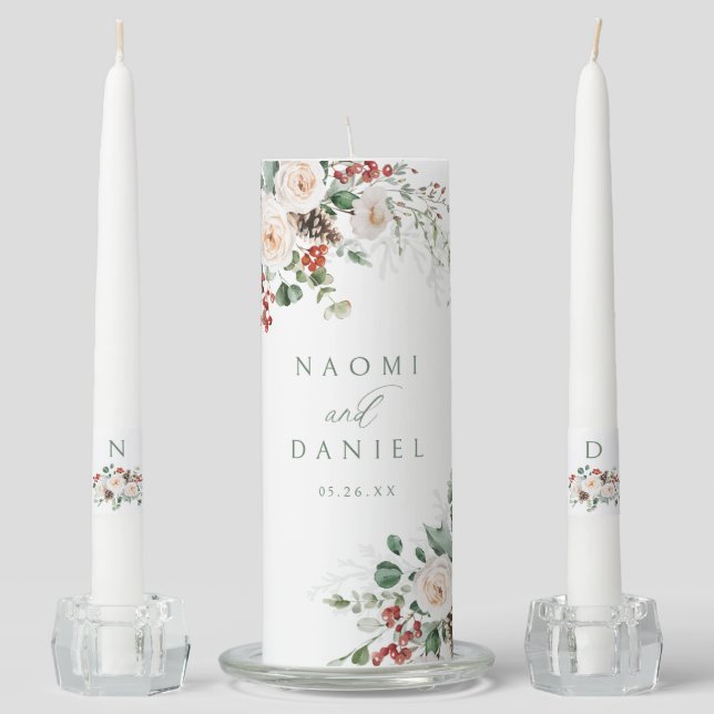 Elegant Festive Floral Holiday Winter Wedding  Unity Candle Set (Front)