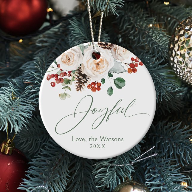 Elegant Festive Floral Joyful Family Christmas Ceramic Ornament (Elegant Festive Floral Joyful Family Christmas Ceramic Ornament)