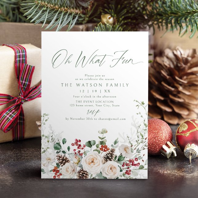 Elegant Festive Floral Oh What Fun Holiday Party Invitation (Elegant Festive Floral Oh What Fun Holiday Party Invitation)