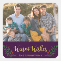 Elegant Festive Foliage Warm Wishes Holiday Photo Square Sticker