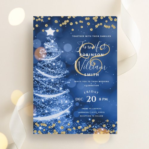 Elegant Festive Gold Blue Wedding Xmas Tree Invitation