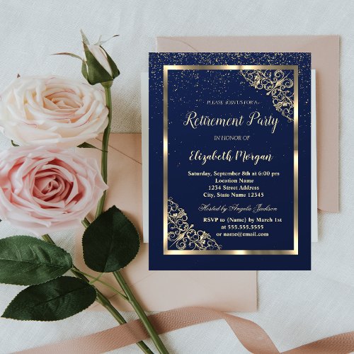 Elegant Festive Gold Frame Navy Blue Retirement Invitation