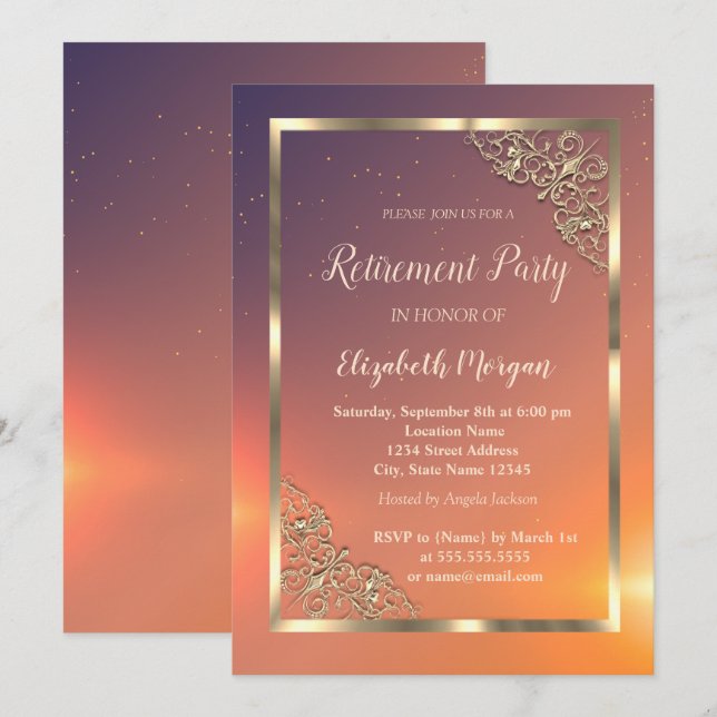 Elegant Festive Gold  Frame Retirement Invitation (Front/Back)