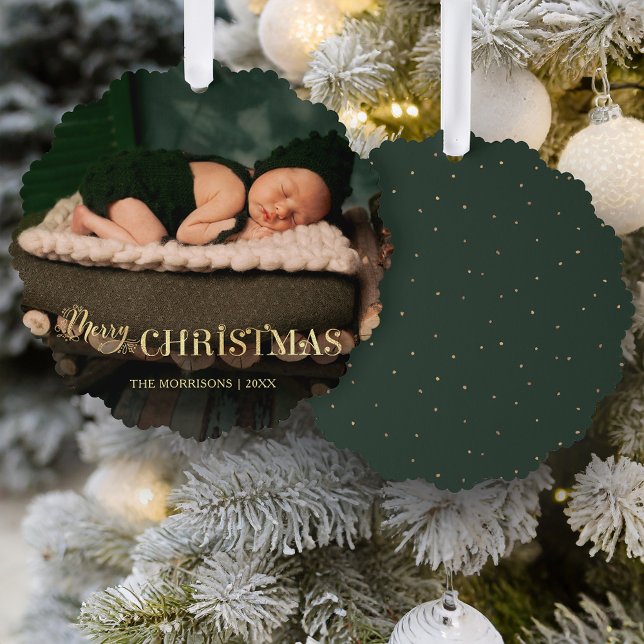 Elegant Festive Gold Merry Christmas Script Photo Ornament Card (Creator Uploaded)