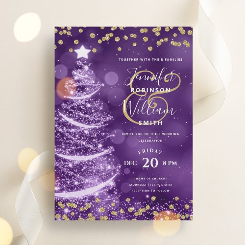 Elegant Festive Gold Purple Wedding Xmas Tree Invitation