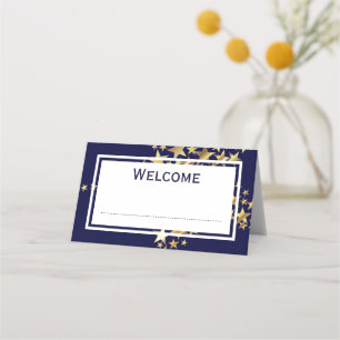 Elegant Festive Gold Stars on Navy Blue Place Card