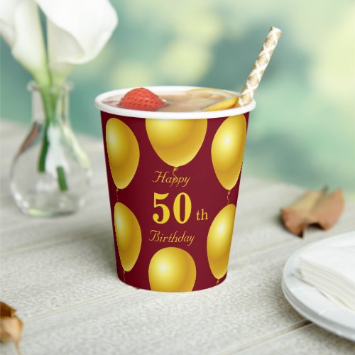 Elegant Festive Golden Balloons 50th Birthday Pape Paper Cups