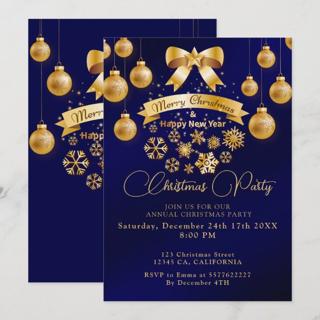 Elegant Festive Golden Bow Blue Christmas Party  Invitation (Front/Back)