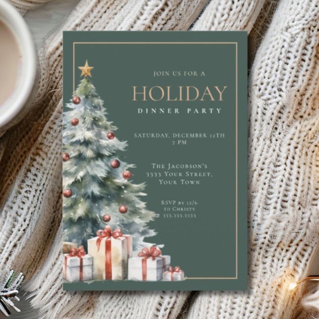 Elegant Festive Green Gold Holiday Dinner Party Invitation (Creator Uploaded)