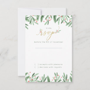 Elegant Festive Green Gold & Red Holiday Wedding RSVP Card