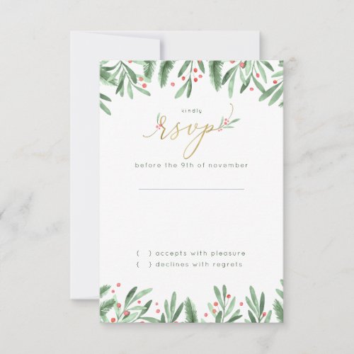 Elegant Festive Green Gold  Red Holiday Wedding RSVP Card