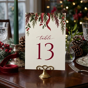 Elegant Festive Greenery Holiday Wedding Table Number