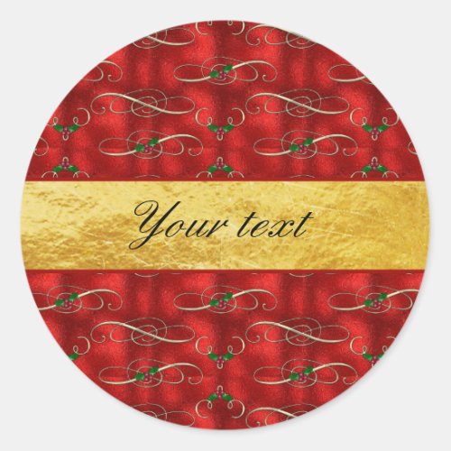 Elegant Festive Holly on Faux Red Foil Classic Round Sticker