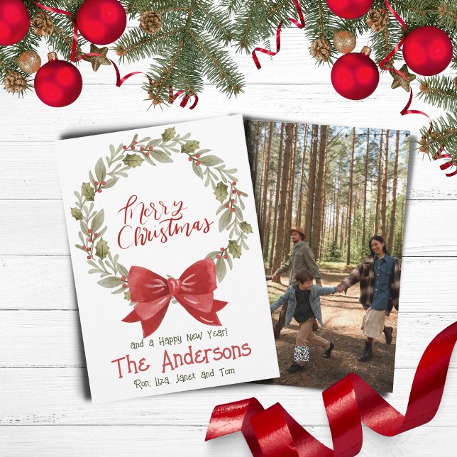 Elegant Festive Merry Christmas Wreath Red Bow Holiday Card (Creator Uploaded)
